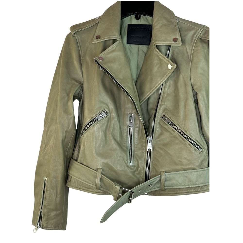 ALLSAINTS Women's Balfern Leather Biker Jacket in Soft Sage Size 6 - Picture 3 of 16